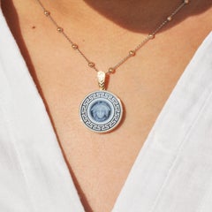 14 Karat Gold Versace Design Medusa Cameo Greek Pattern Pendant Necklace