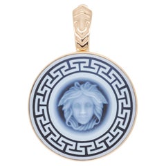 14 Karat Gold Versace Design Medusa Cameo Greek Pattern Pendant Necklace
