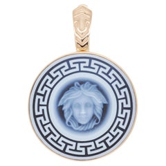 14 Karat Gold Versace Design Medusa Kamee griechisches Muster Anhänger Halskette