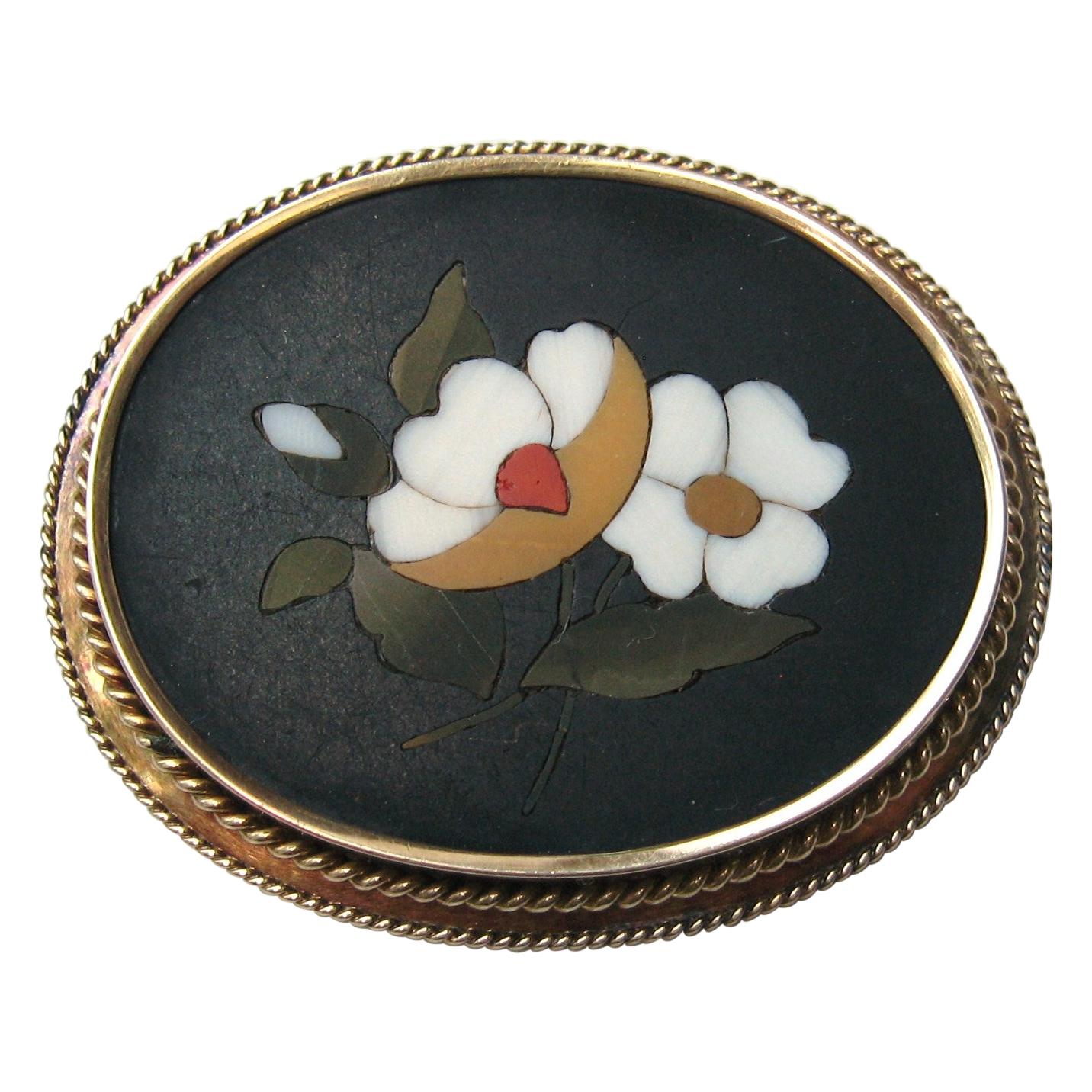 Broche à épingle à fleurs victorienne en or 14 carats avec mosaïque florale en Pietra Dura