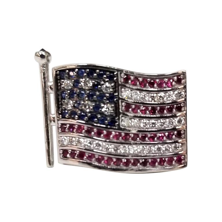 14 Karat Gold Waving "American Flag" Pin with Diamonds, Rubies and Sapphires