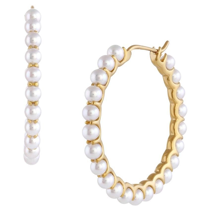 14 Karat Gold White Baby Akoya Pearl Unique Statement Hoop Huggie Earrings For Sale