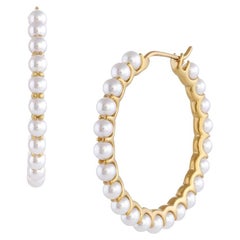 14 Karat Gold White Baby Akoya Pearl Unique Statement Hoop Huggie Earrings