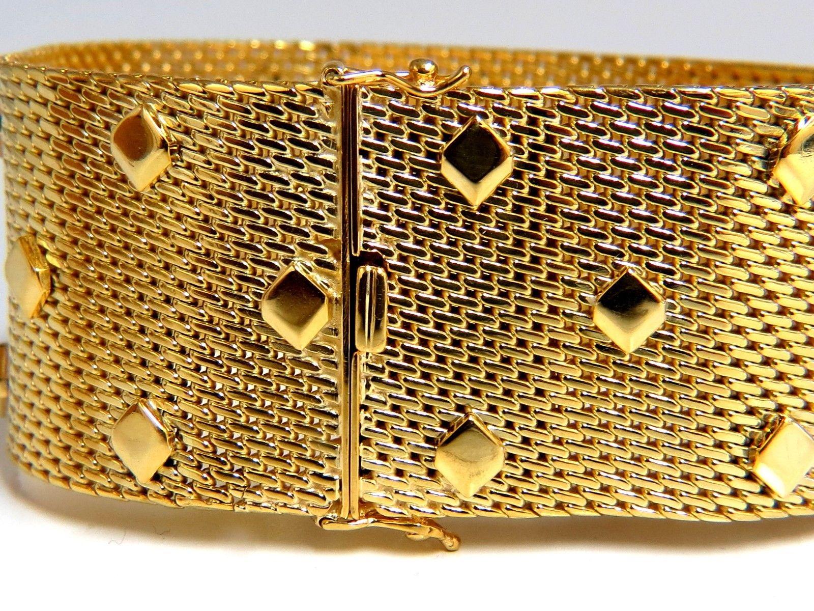 14 Karat Gold Wide Mesh Spade Onlay Bracelet Cuff 80 Gram For Sale 1