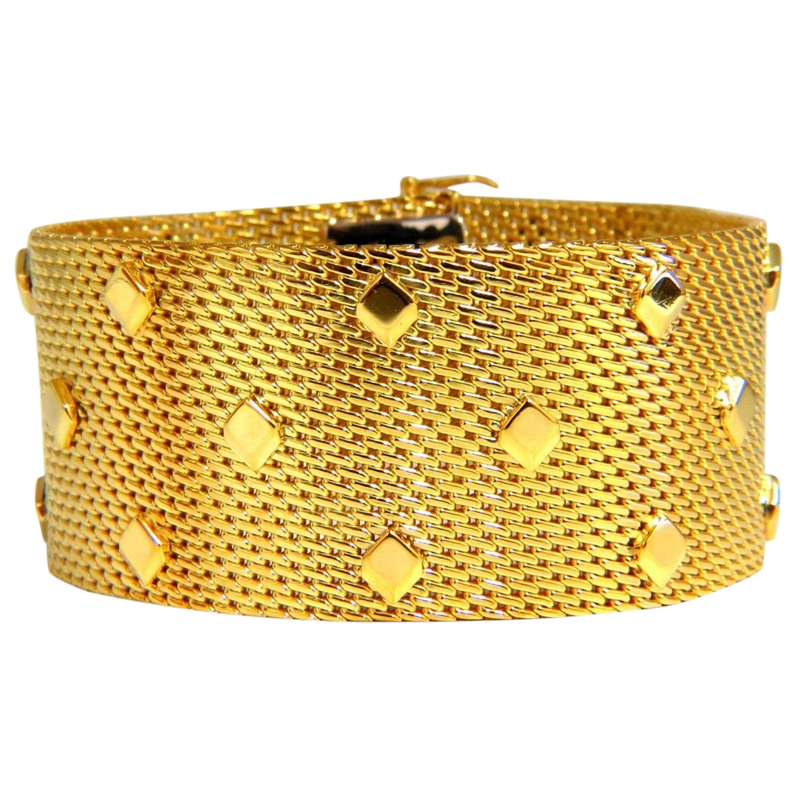 14 Karat Gold Wide Mesh Spade Onlay Bracelet Cuff 80 Gram