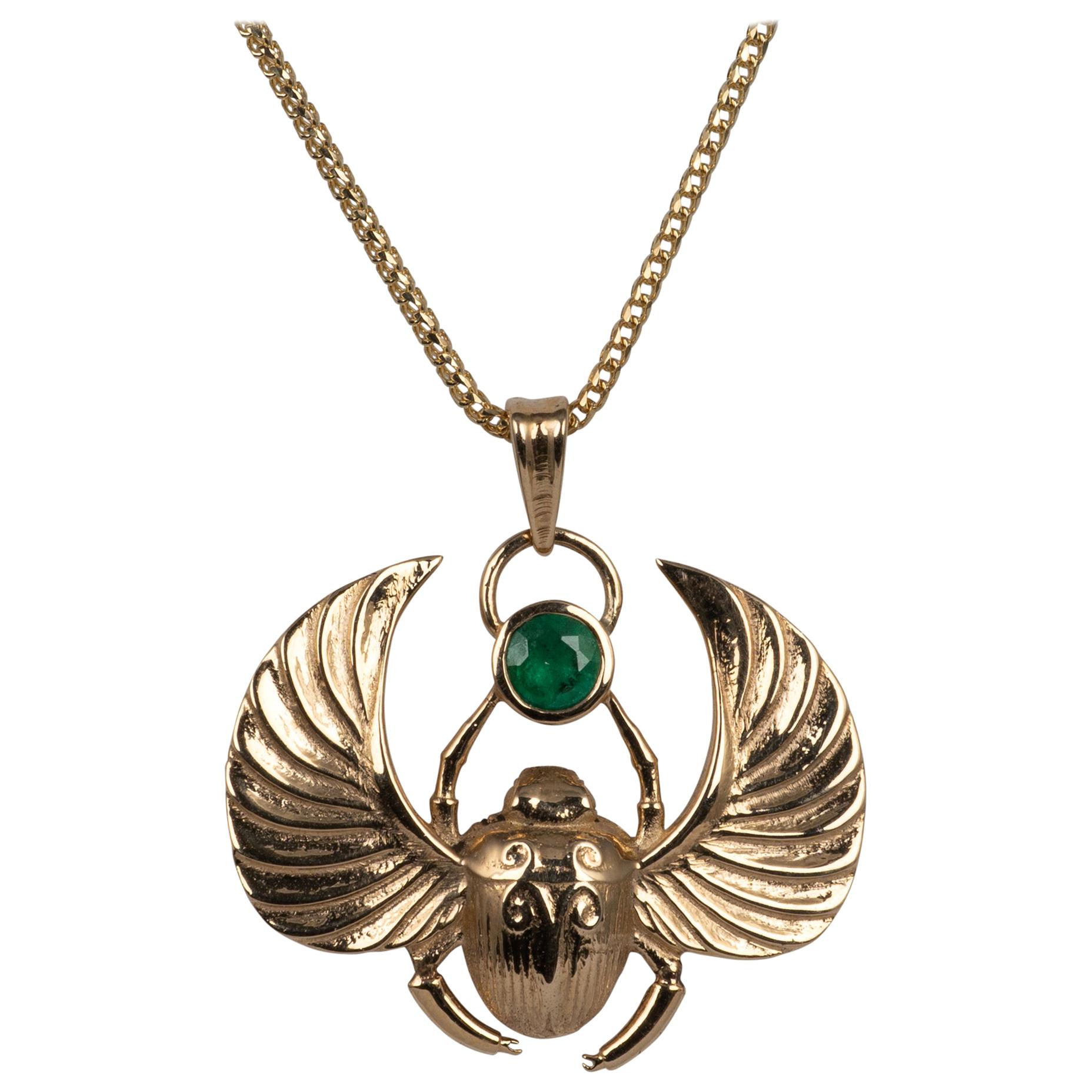 14 Karat Gold Winged Scarab Beetle Pendant Necklace Natural Certified Emerald