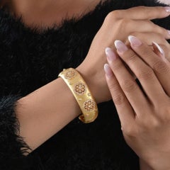 14K Gold Yellow Gold 0.80 Ct Natural Diamond Floral Open Cuff Wide Bracelet