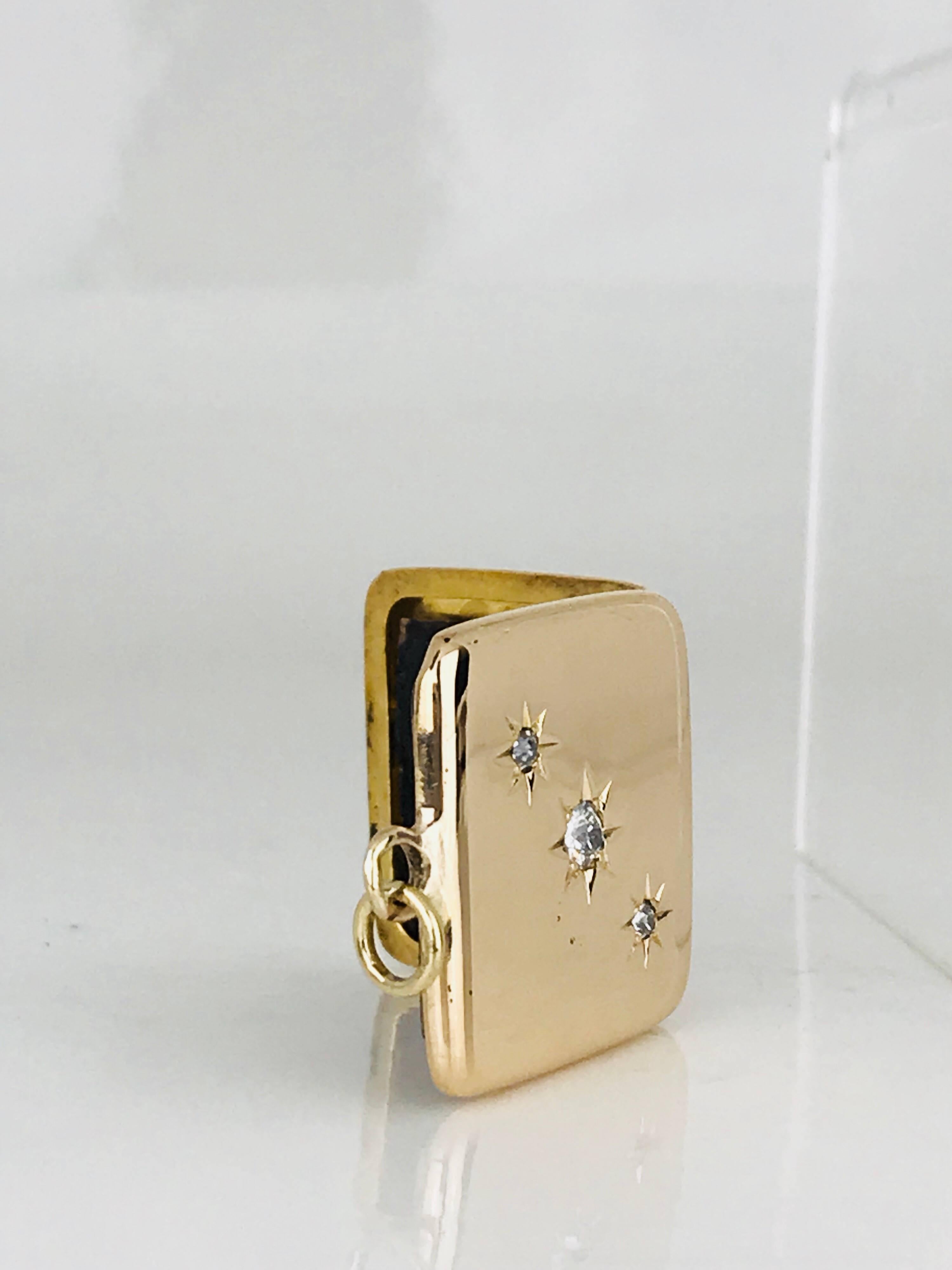 Edwardian 14 Karat Gold .25 Carat Diamond, Top-Opening Square Picture Locket Pendant Charm For Sale