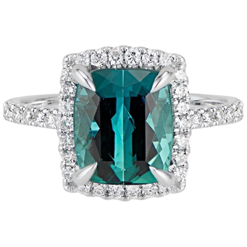14 Karat Green Cushion Cut Tourmaline Diamond Halo Ring
