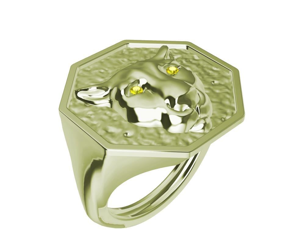 For Sale:  14 Karat Green Gold Size 7.75 Cougar Signet Ring with Yellow Sapphire Eyes 10