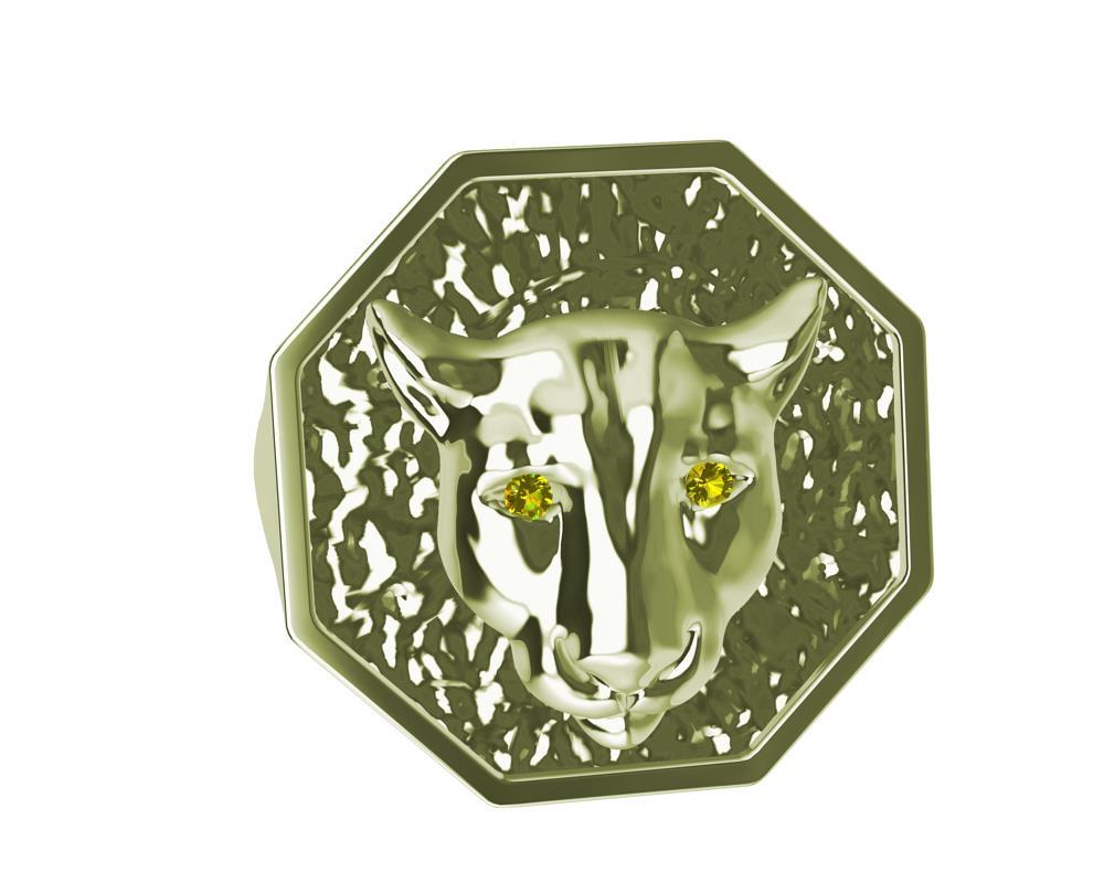 En vente :  Bague sigillaire en or vert 14 carats, taille 7,75, avec yeux en saphir jaune 10