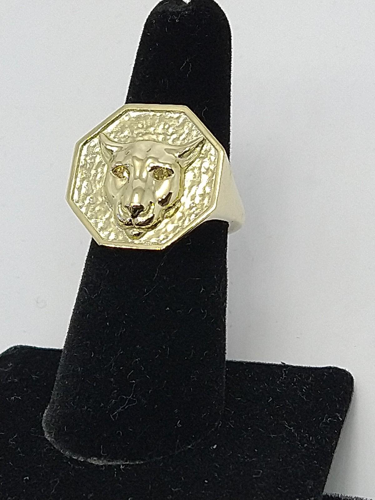 For Sale:  14 Karat Green Gold Size 7.75 Cougar Signet Ring with Yellow Sapphire Eyes 5