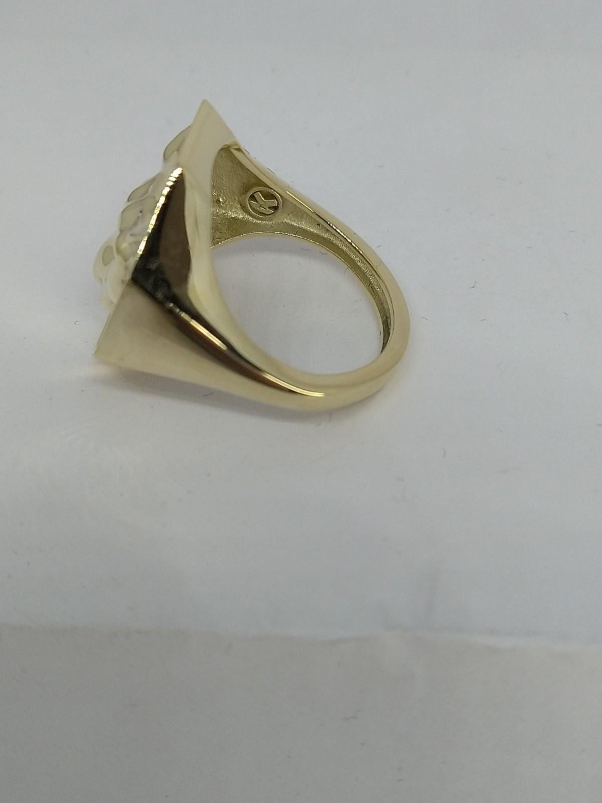 For Sale:  14 Karat Green Gold Size 7.75 Cougar Signet Ring with Yellow Sapphire Eyes 6