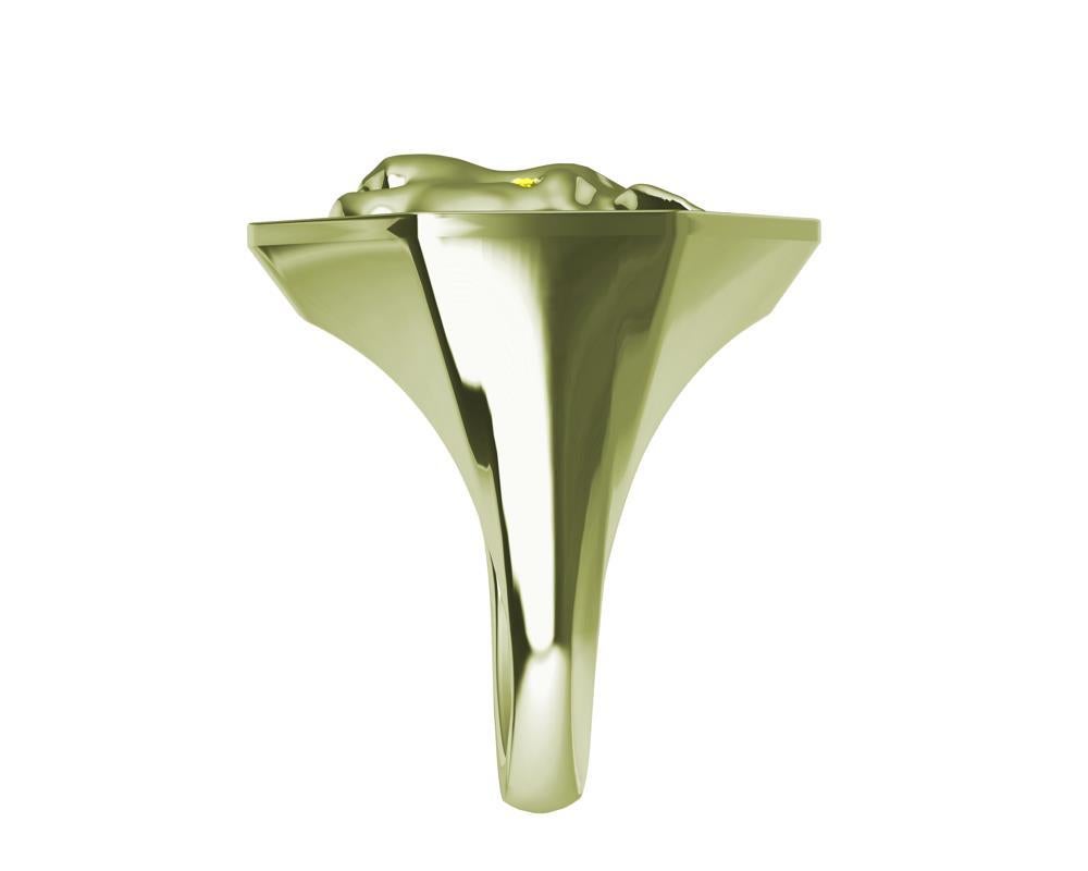 For Sale:  14 Karat Green Gold Size 7.75 Cougar Signet Ring with Yellow Sapphire Eyes 13