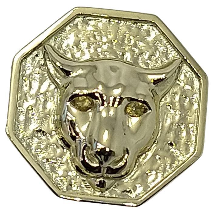 For Sale:  14 Karat Green Gold Size 7.75 Cougar Signet Ring with Yellow Sapphire Eyes