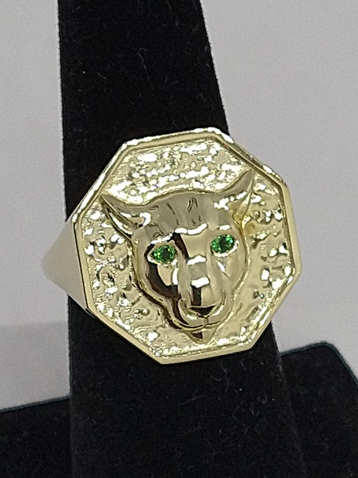 For Sale:  14 Karat Green Gold Mens Cougar Signet Ring with Tsavorite Eyes 2