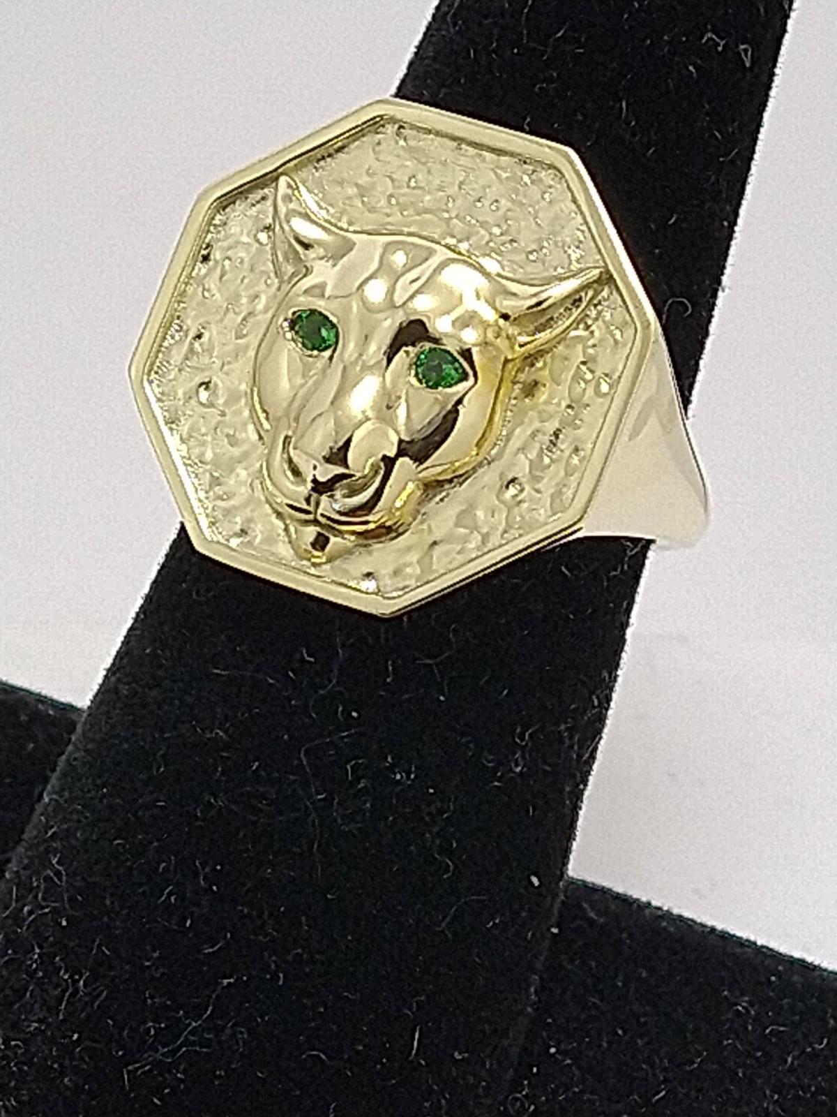 For Sale:  14 Karat Green Gold Mens Cougar Signet Ring with Tsavorite Eyes 4