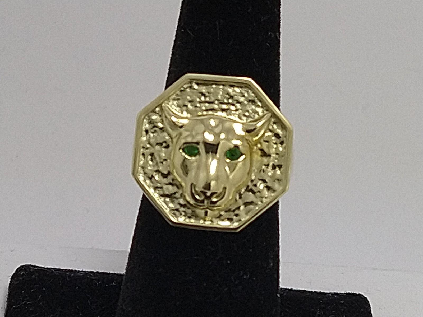 For Sale:  14 Karat Green Gold Mens Cougar Signet Ring with Tsavorite Eyes 5
