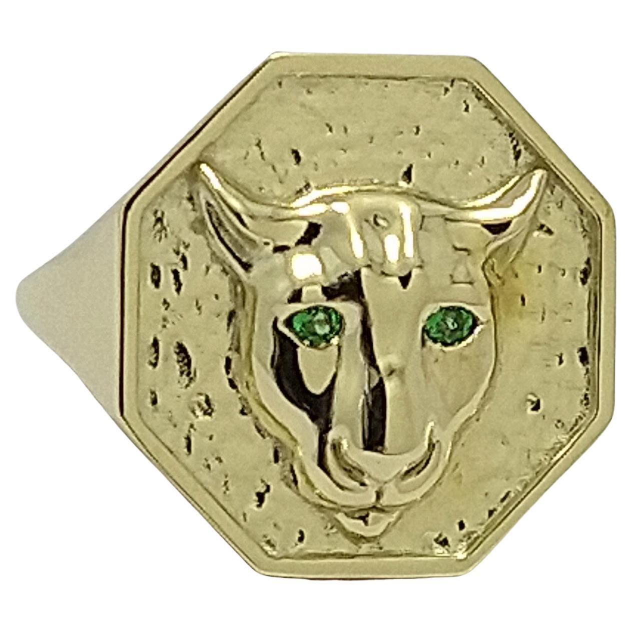 14 Karat Green Gold Mens Cougar Signet Ring with Tsavorite Eyes