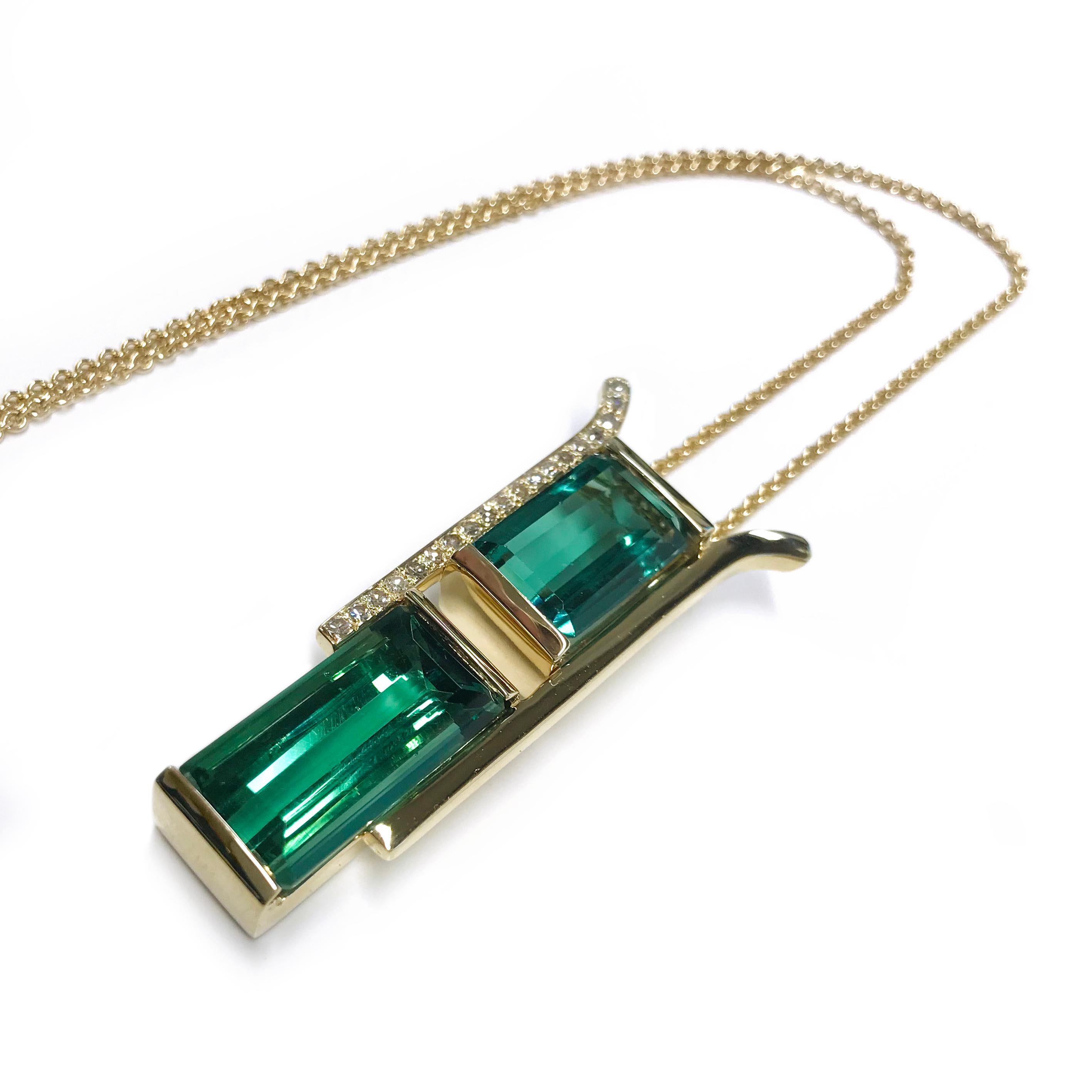 Modern 14 Karat Green Tourmaline Diamond Pendant Necklace
