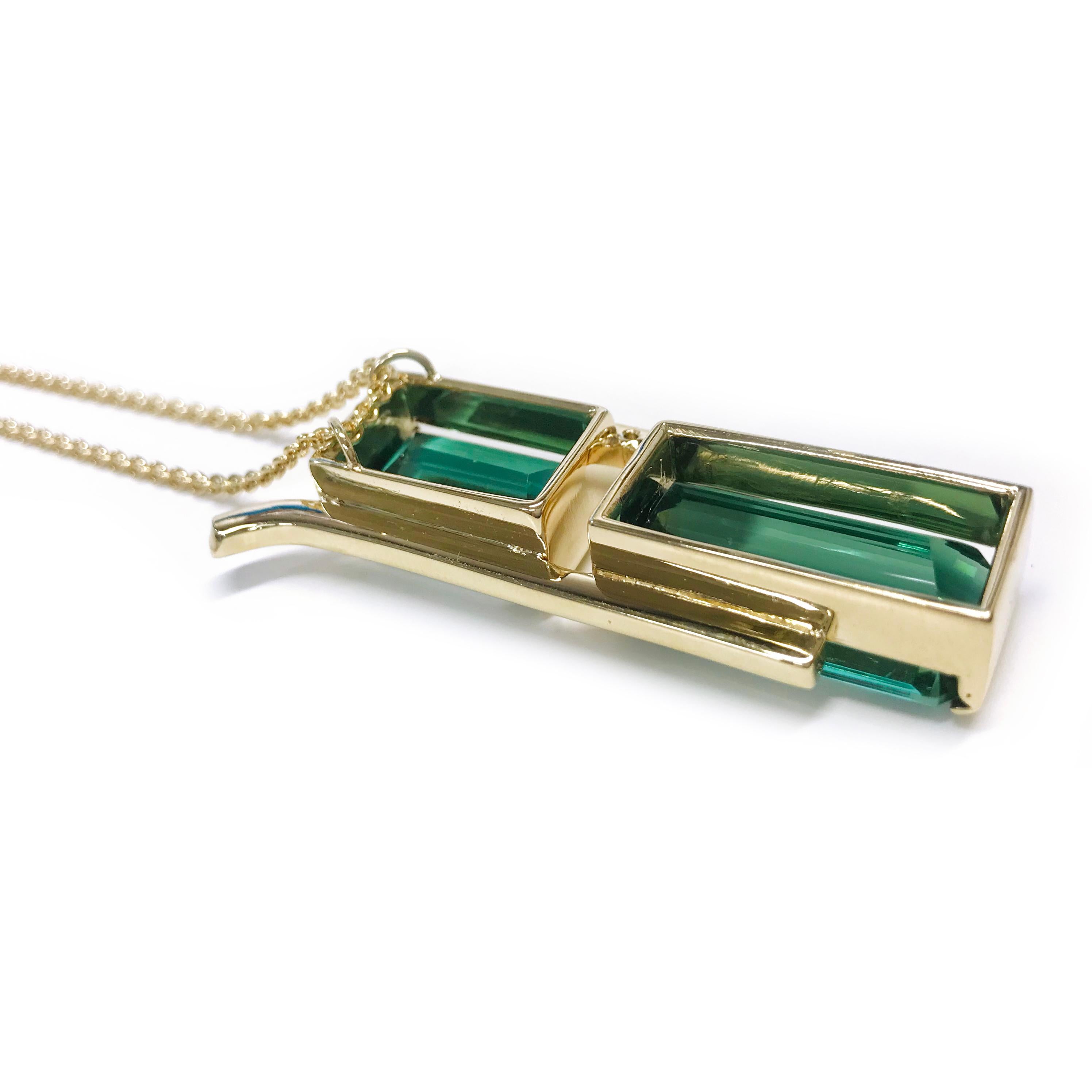 Cushion Cut 14 Karat Green Tourmaline Diamond Pendant Necklace