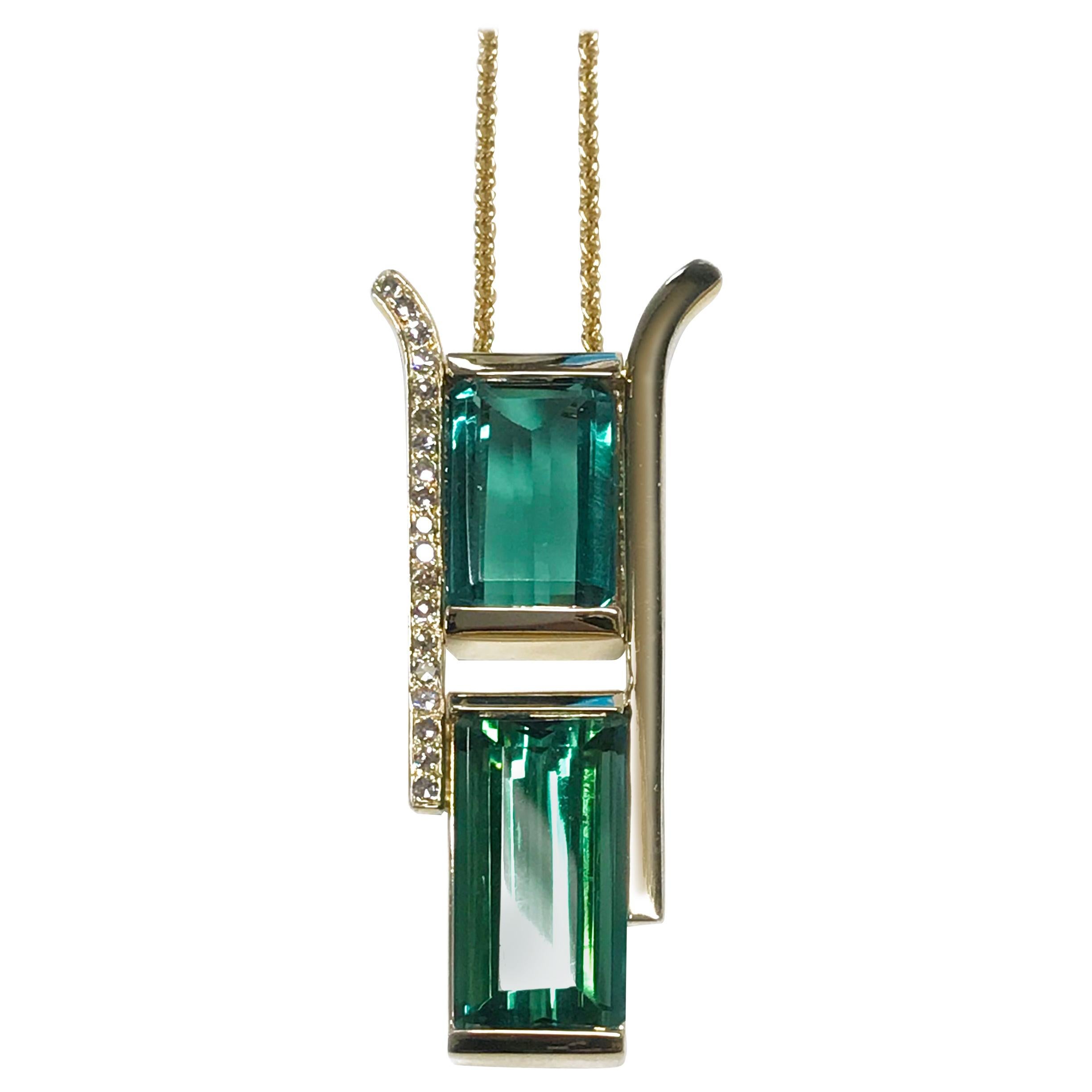 14 Karat Green Tourmaline Diamond Pendant Necklace
