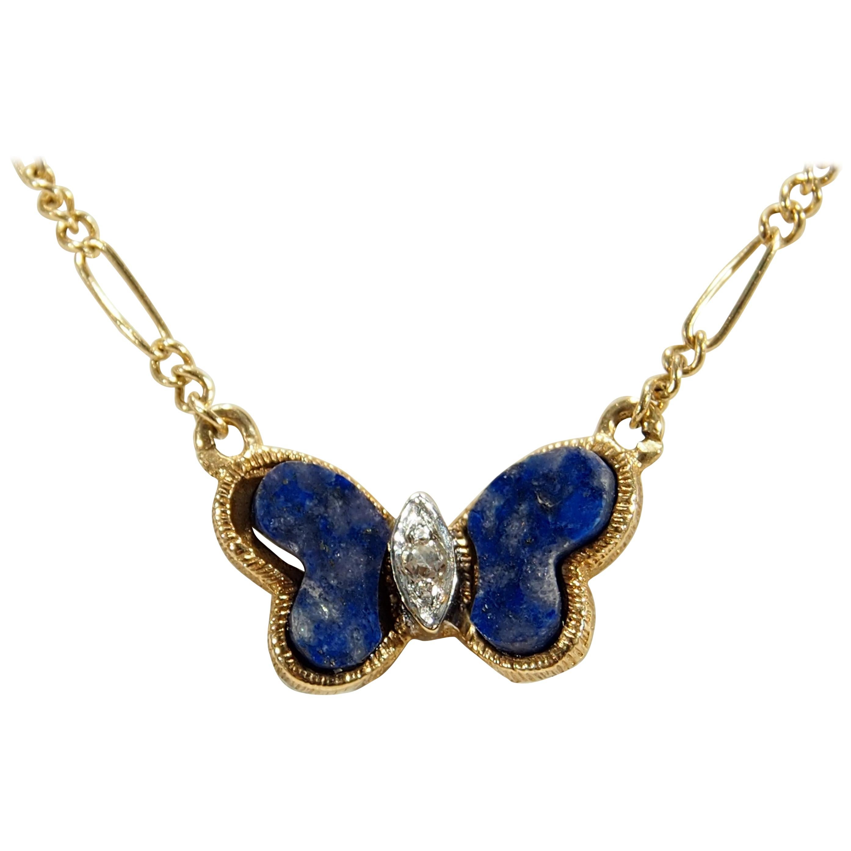 14 Karat Hammerman Brothers Diamond Lapis Lazuli Butterfly Necklace Yellow Gold