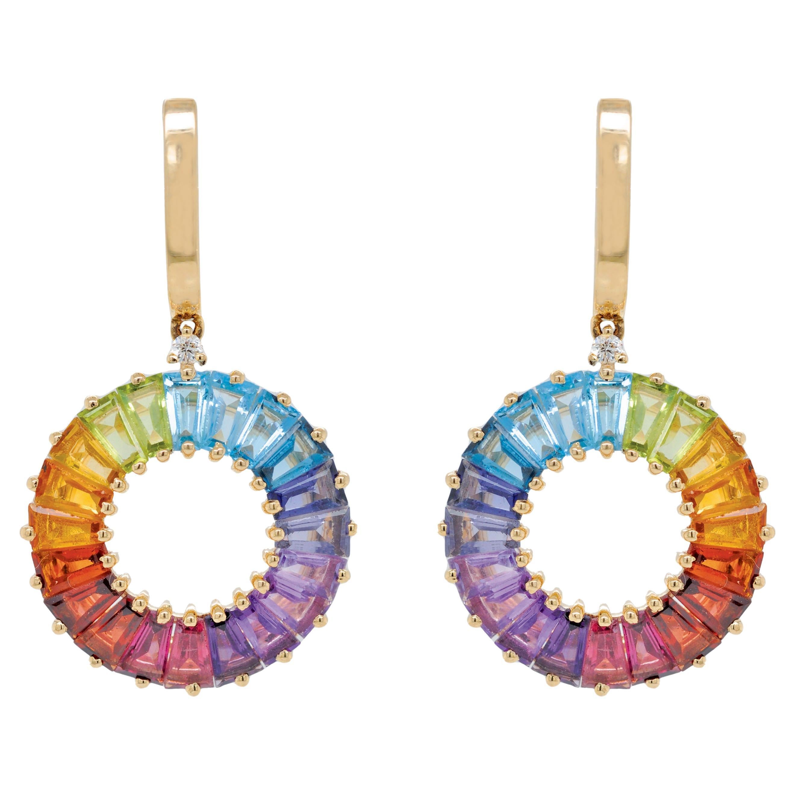 14 Karat Handcrafted Natural Rainbow Gemstones Circle Diamond Dangling Earrings