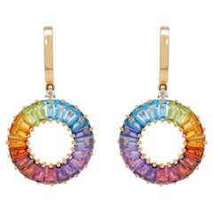 14 Karat Handcrafted Natural Rainbow Gemstones Circle Diamond Dangling Earrings