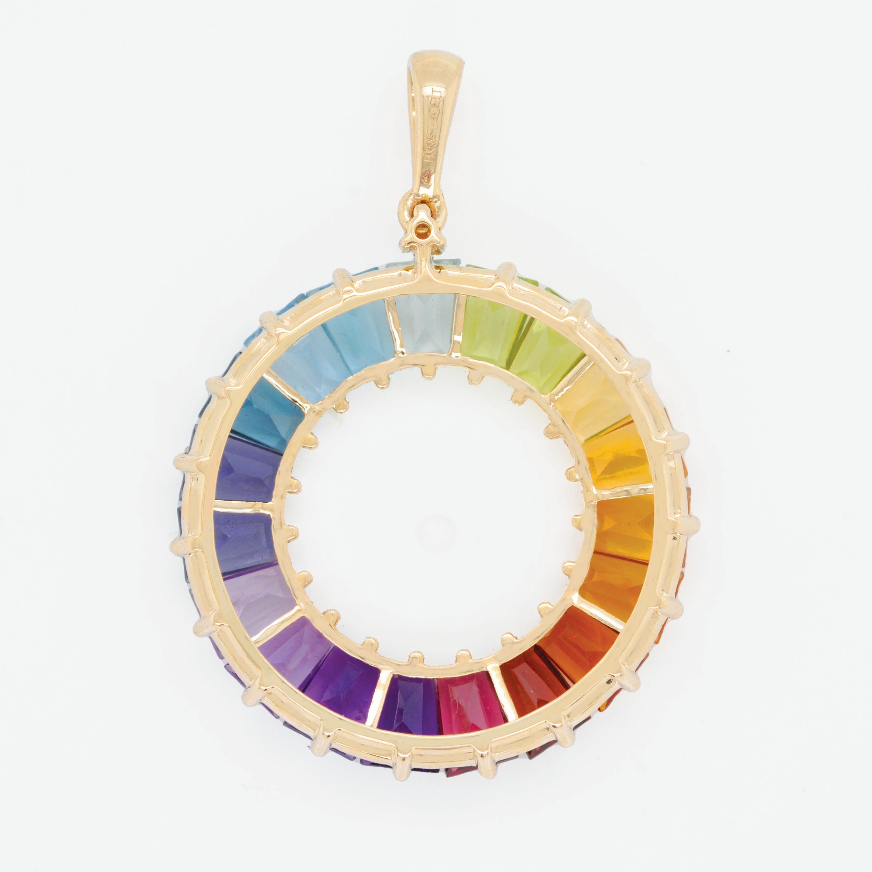 14 Karat Handcrafted Natural Rainbow Gemstones Circle Diamond Pendant Necklace For Sale 4