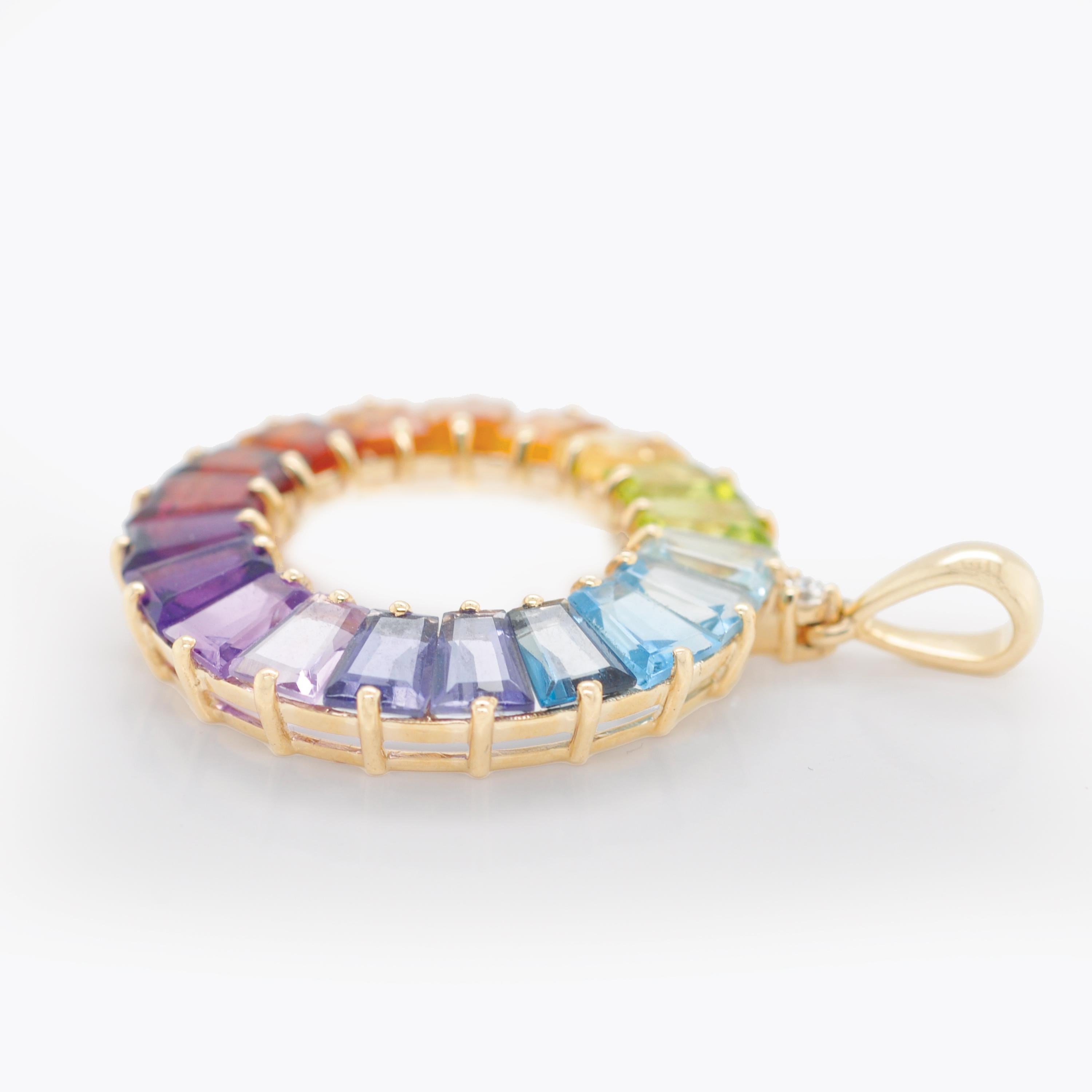 14 Karat Handcrafted Natural Rainbow Gemstones Circle Diamond Pendant Necklace For Sale 5