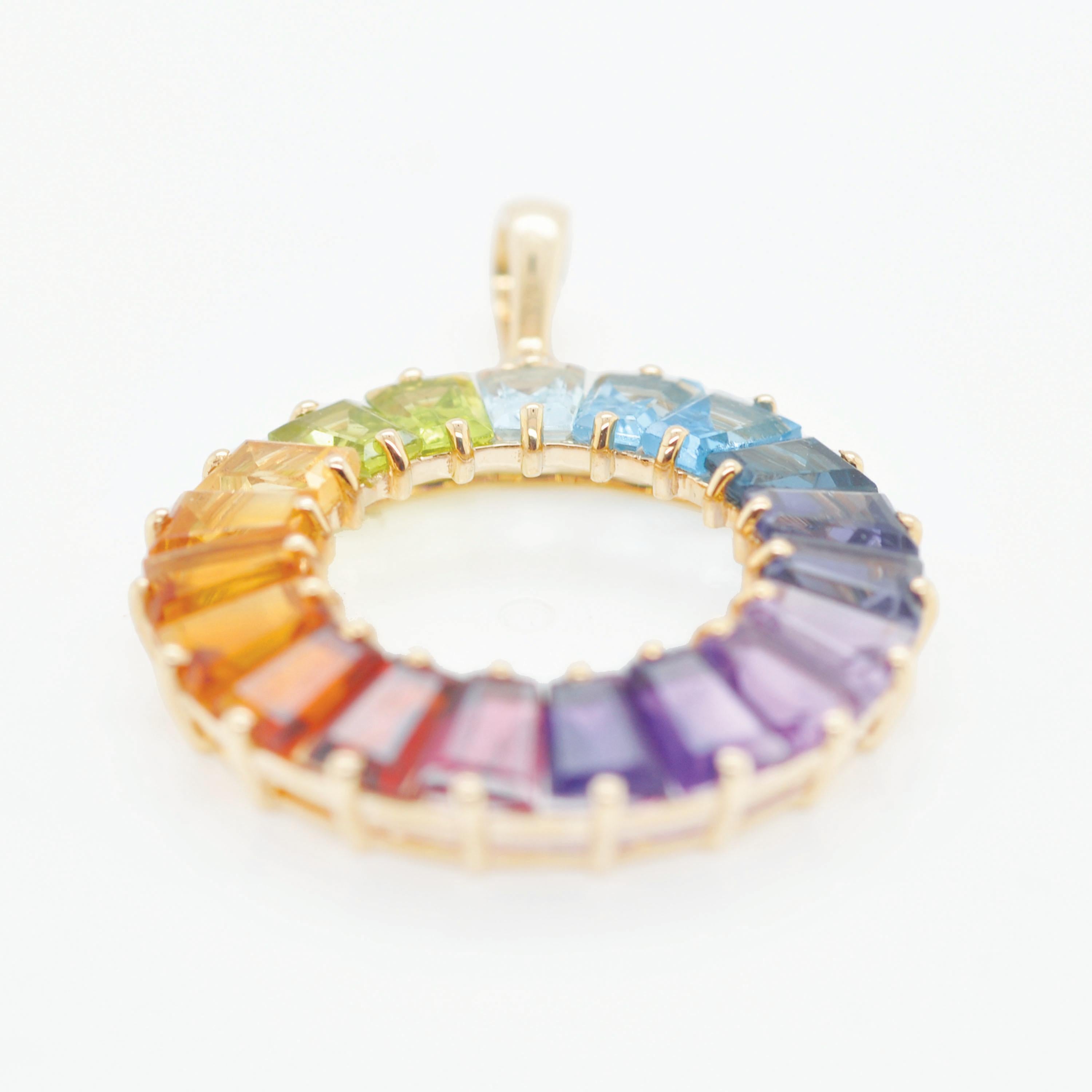 14 Karat Handcrafted Natural Rainbow Gemstones Circle Diamond Pendant Necklace For Sale 6