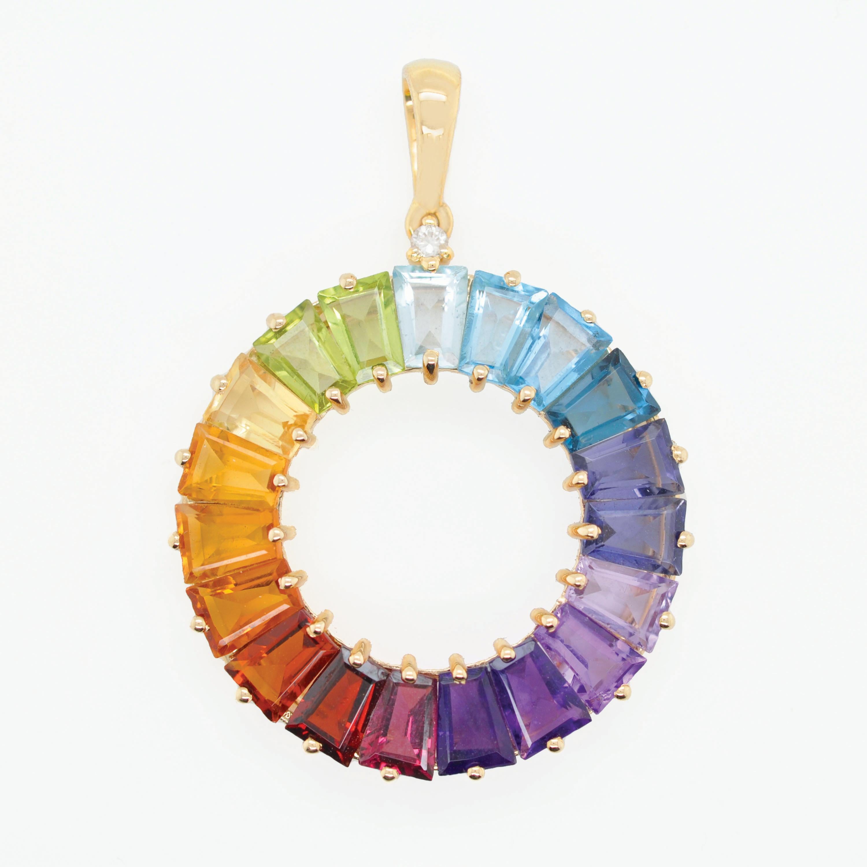 14 Karat Handcrafted Natural Rainbow Gemstones Circle Diamond Pendant Necklace For Sale 7