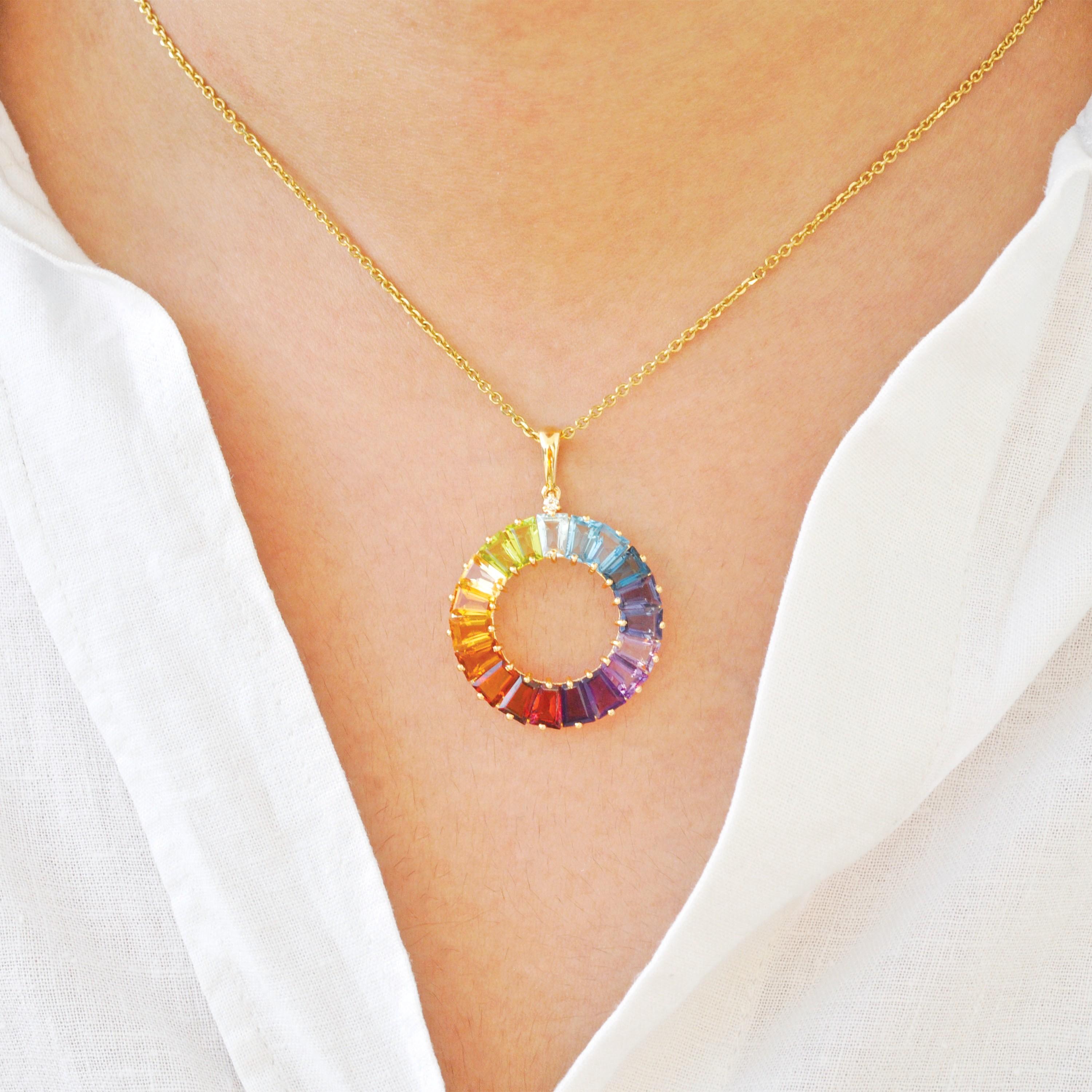 14 Karat Handcrafted Natural Rainbow Gemstones Circle Diamond Pendant Necklace For Sale 9