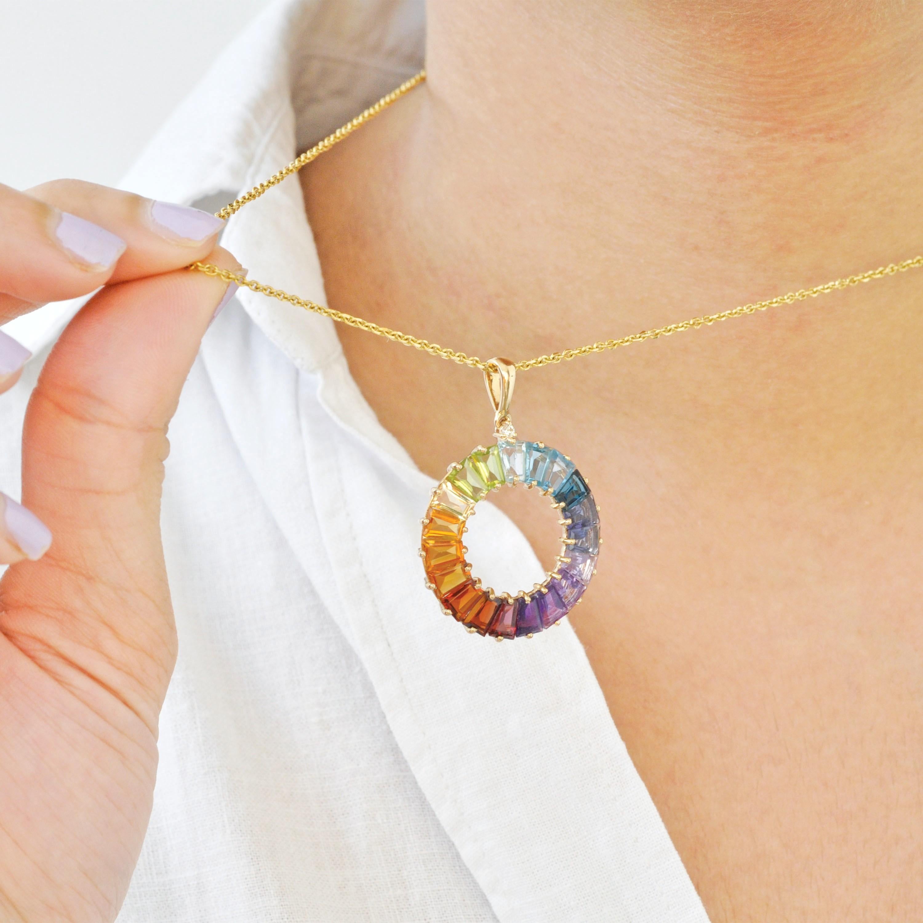 14 Karat Handcrafted Natural Rainbow Gemstones Circle Diamond Pendant Necklace For Sale 10