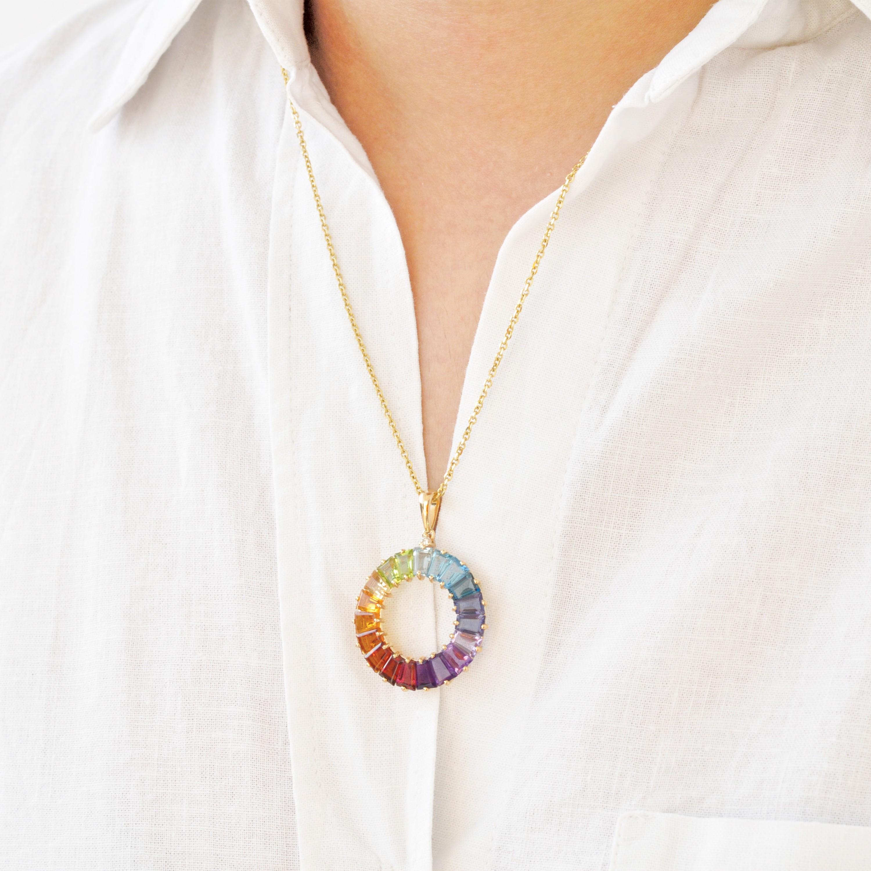 14 Karat Handcrafted Natural Rainbow Gemstones Circle Diamond Pendant Necklace For Sale 11