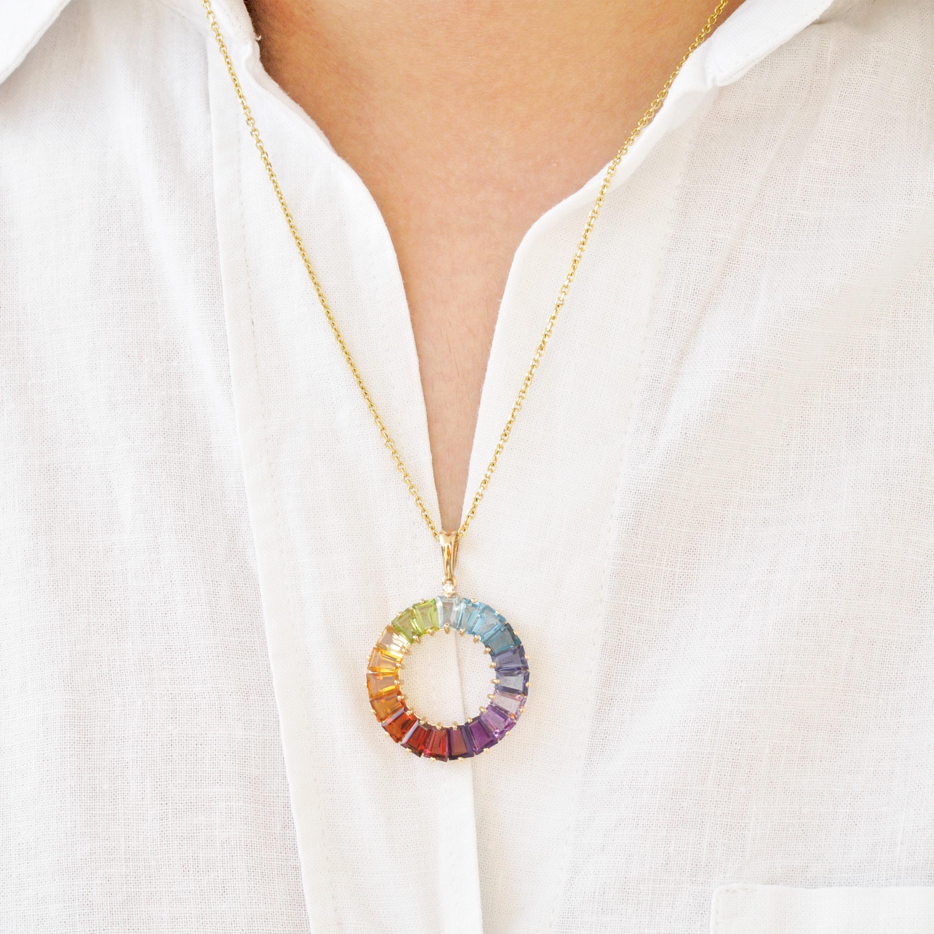 14 Karat Handcrafted Natural Rainbow Gemstones Circle Diamond Pendant Necklace For Sale 12