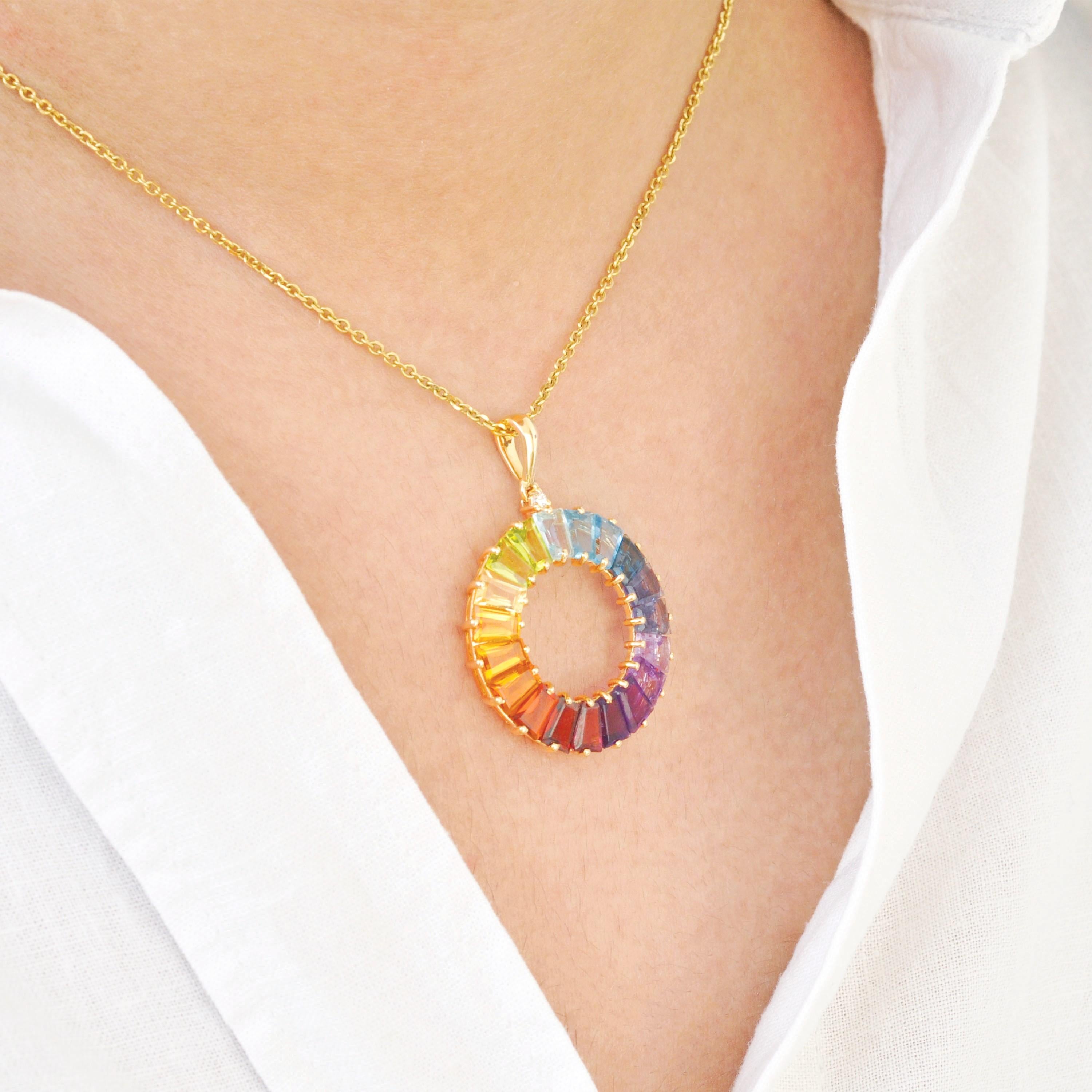 Contemporary 14 Karat Handcrafted Natural Rainbow Gemstones Circle Diamond Pendant Necklace For Sale