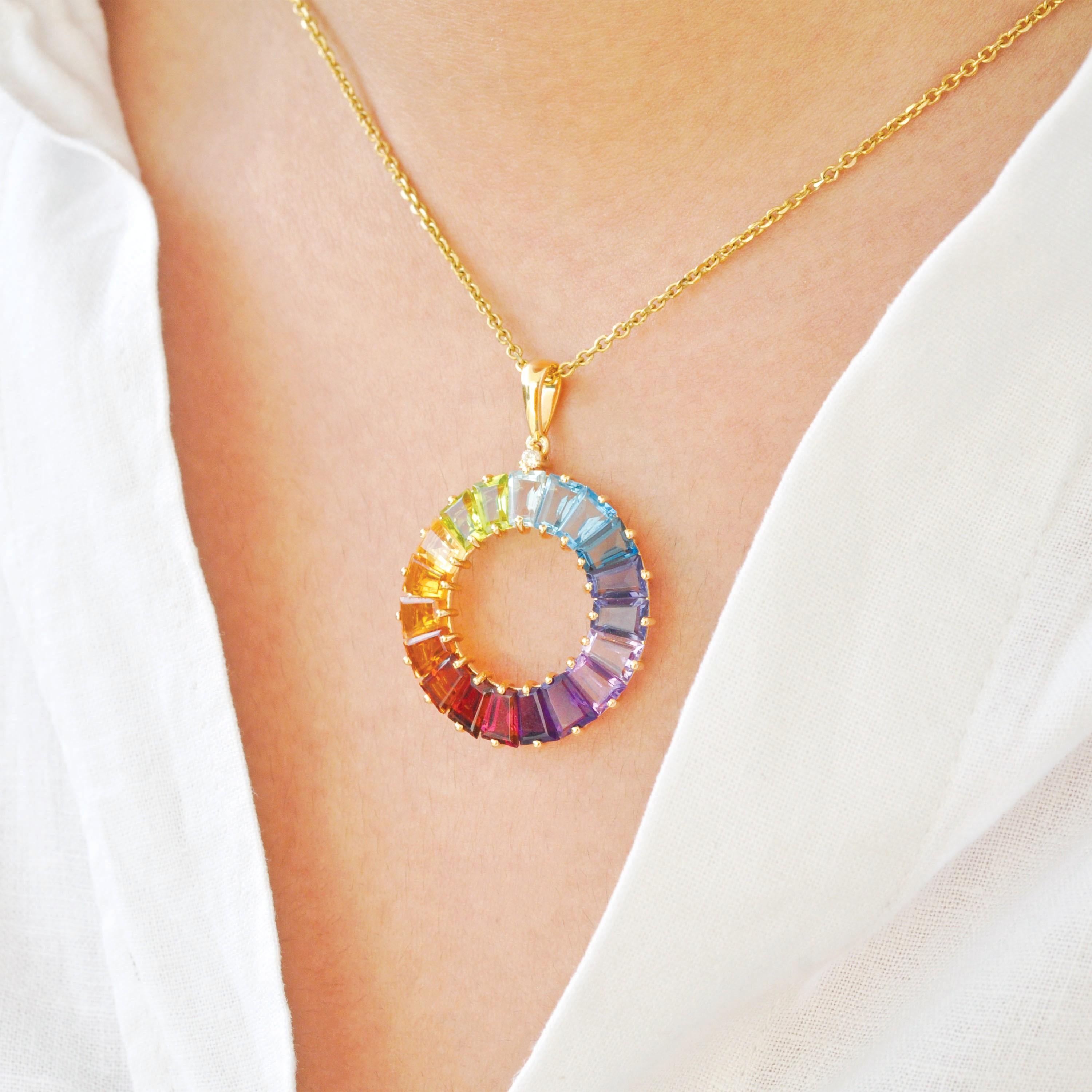 Tapered Baguette 14 Karat Handcrafted Natural Rainbow Gemstones Circle Diamond Pendant Necklace For Sale