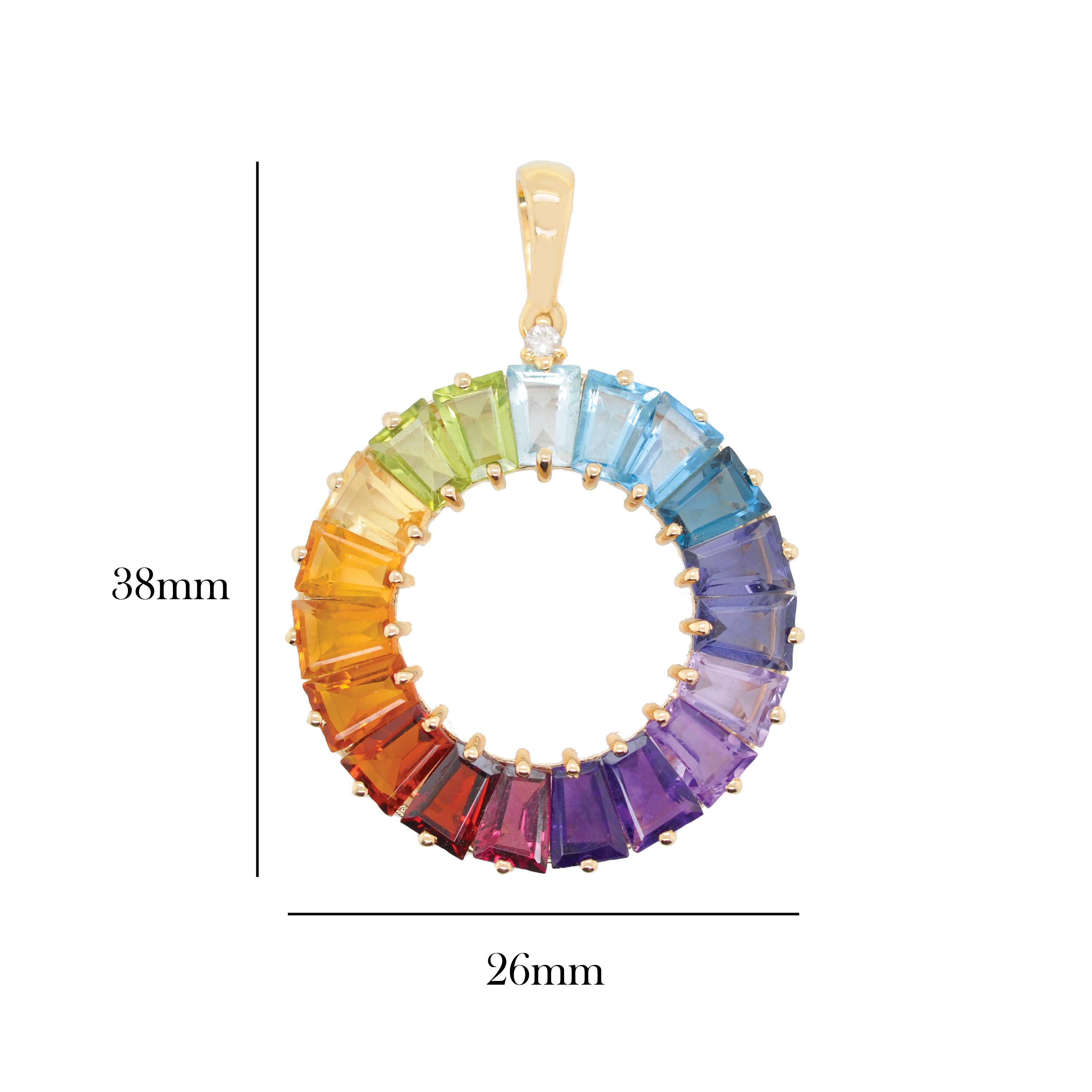 Women's or Men's 14 Karat Handcrafted Natural Rainbow Gemstones Circle Diamond Pendant Necklace For Sale
