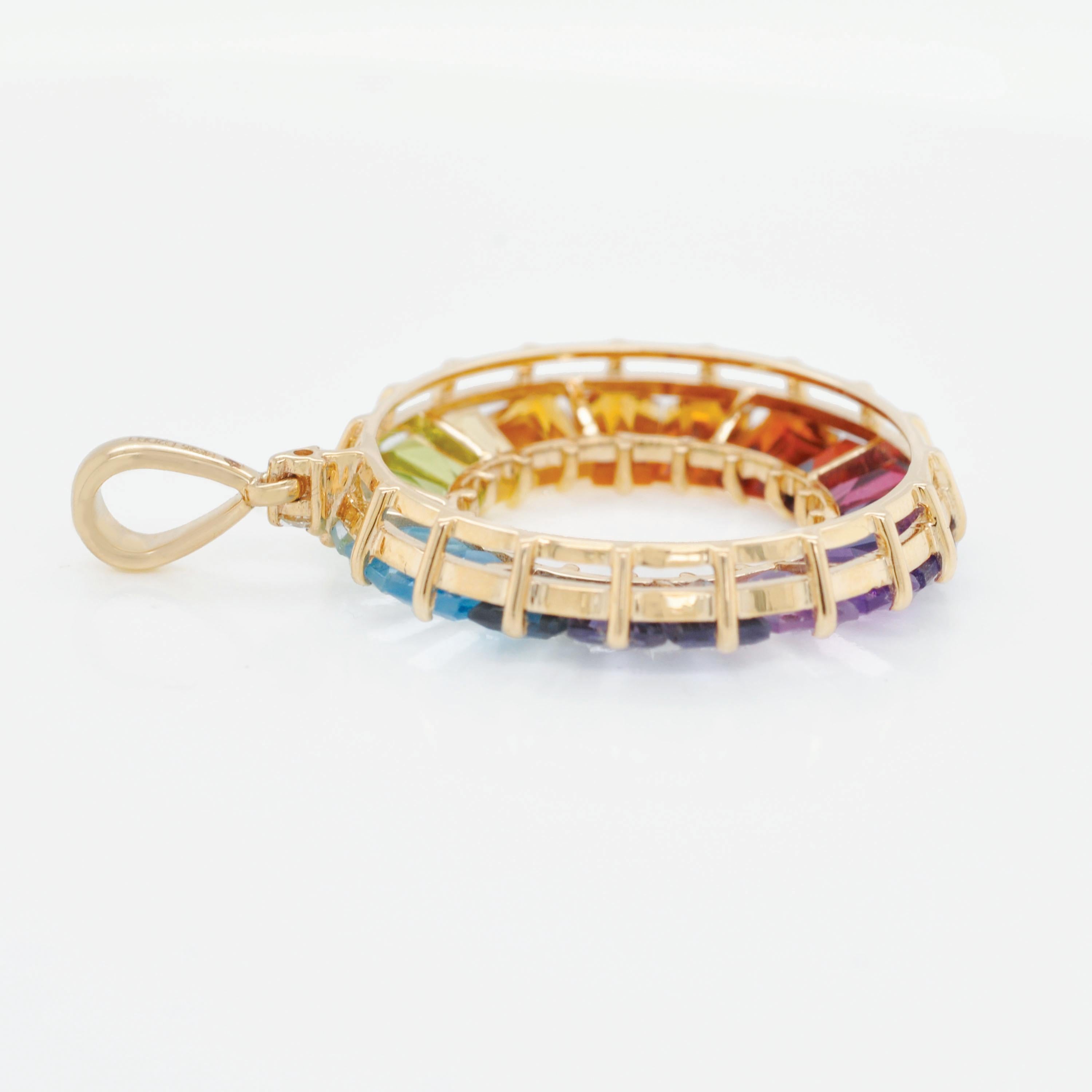 14 Karat Handcrafted Natural Rainbow Gemstones Circle Diamond Pendant Necklace For Sale 2