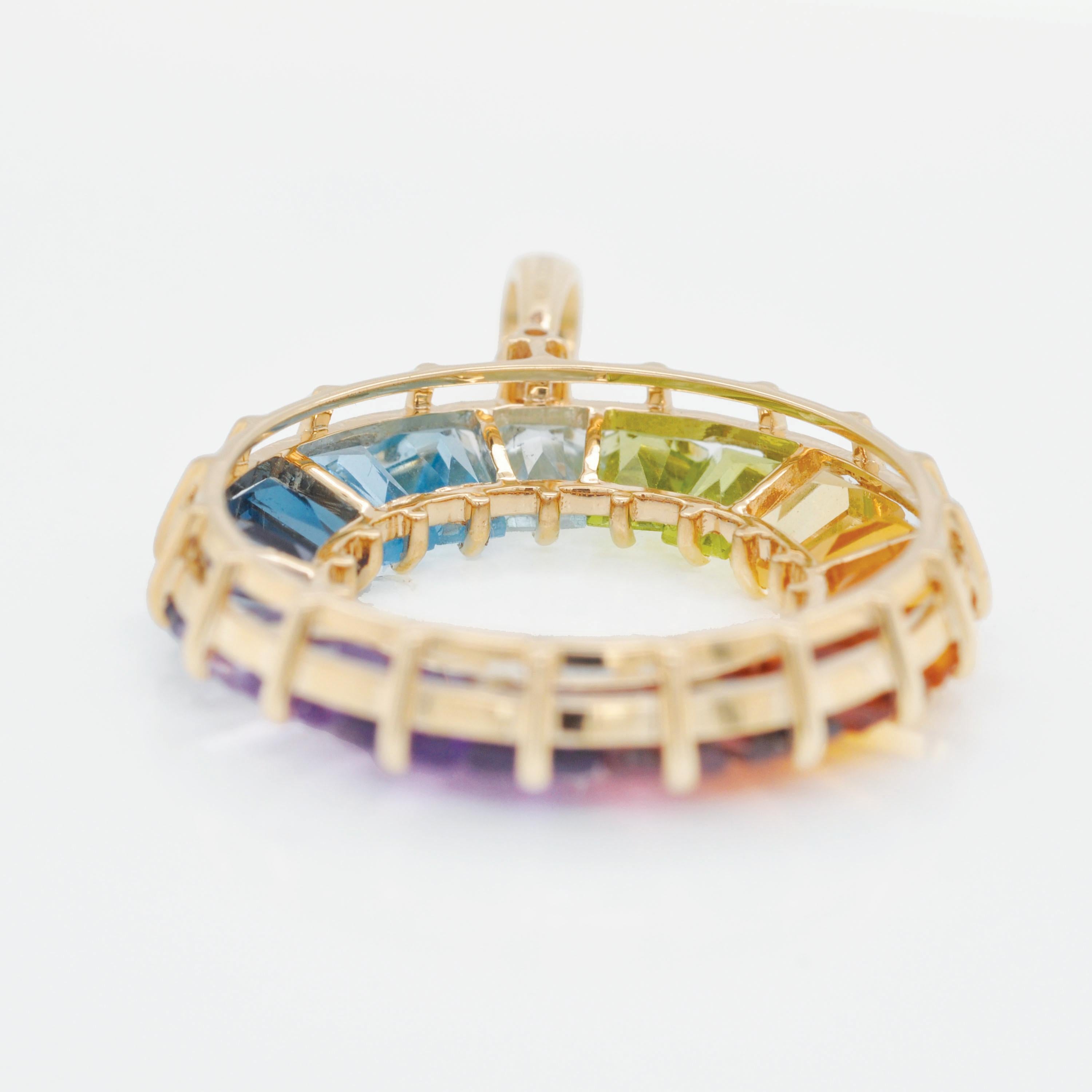 14 Karat Handcrafted Natural Rainbow Gemstones Circle Diamond Pendant Necklace For Sale 3