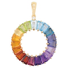 14 Karat Handcrafted Natural Rainbow Gemstones Circle Diamond Pendant Necklace