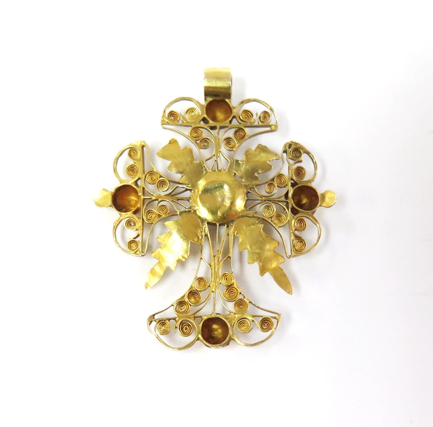 14 Karat Handmade Filigree Yellow Gold Cross with Enamel and Small Diamond In Good Condition For Sale In Bellmore, NY