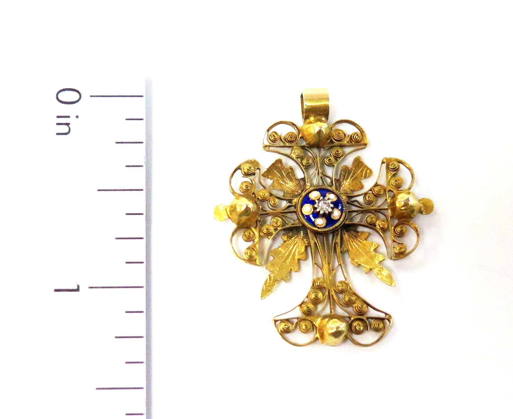 Women's or Men's 14 Karat Handmade Filigree Yellow Gold Cross with Enamel and Small Diamond For Sale