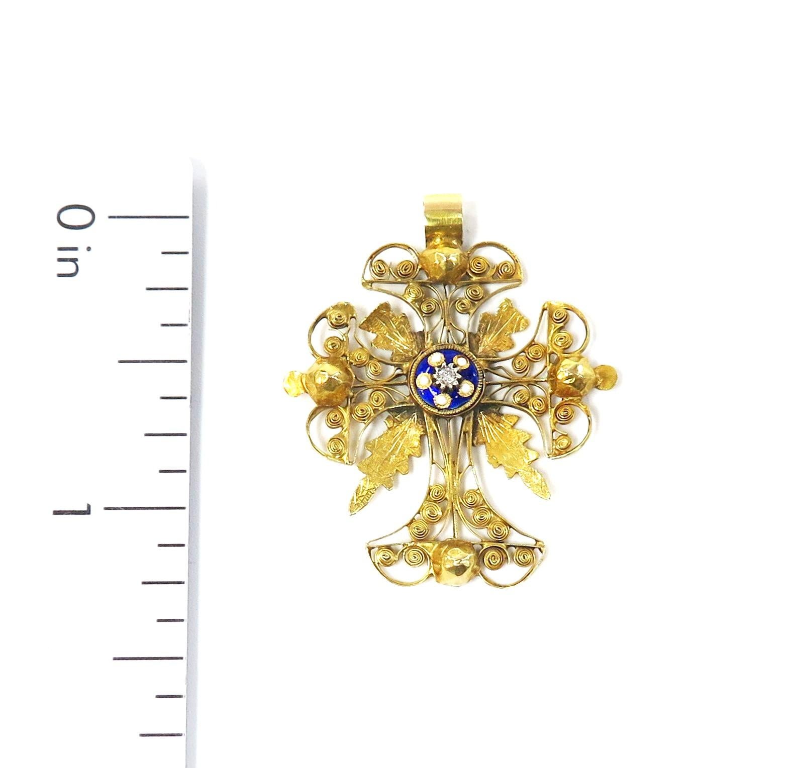 14 Karat Handmade Filigree Yellow Gold Cross with Enamel and Small Diamond For Sale 2
