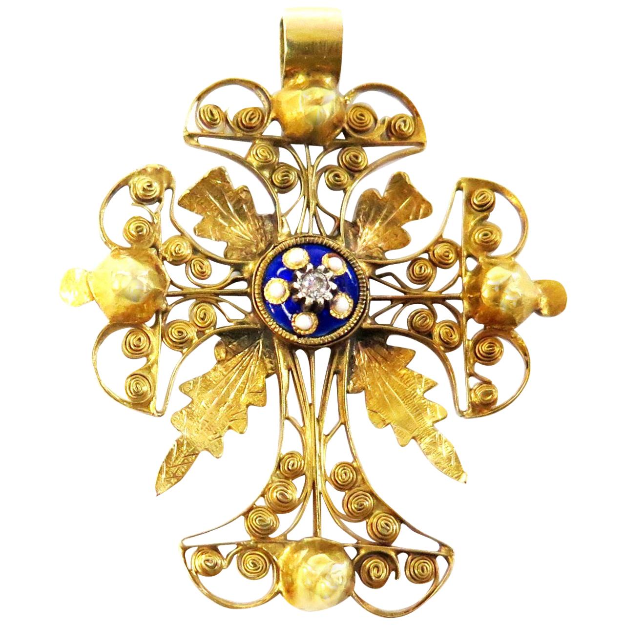 14 Karat Handmade Filigree Yellow Gold Cross with Enamel and Small Diamond For Sale