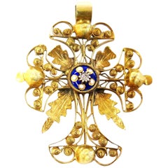Antique 14 Karat Handmade Filigree Yellow Gold Cross with Enamel and Small Diamond