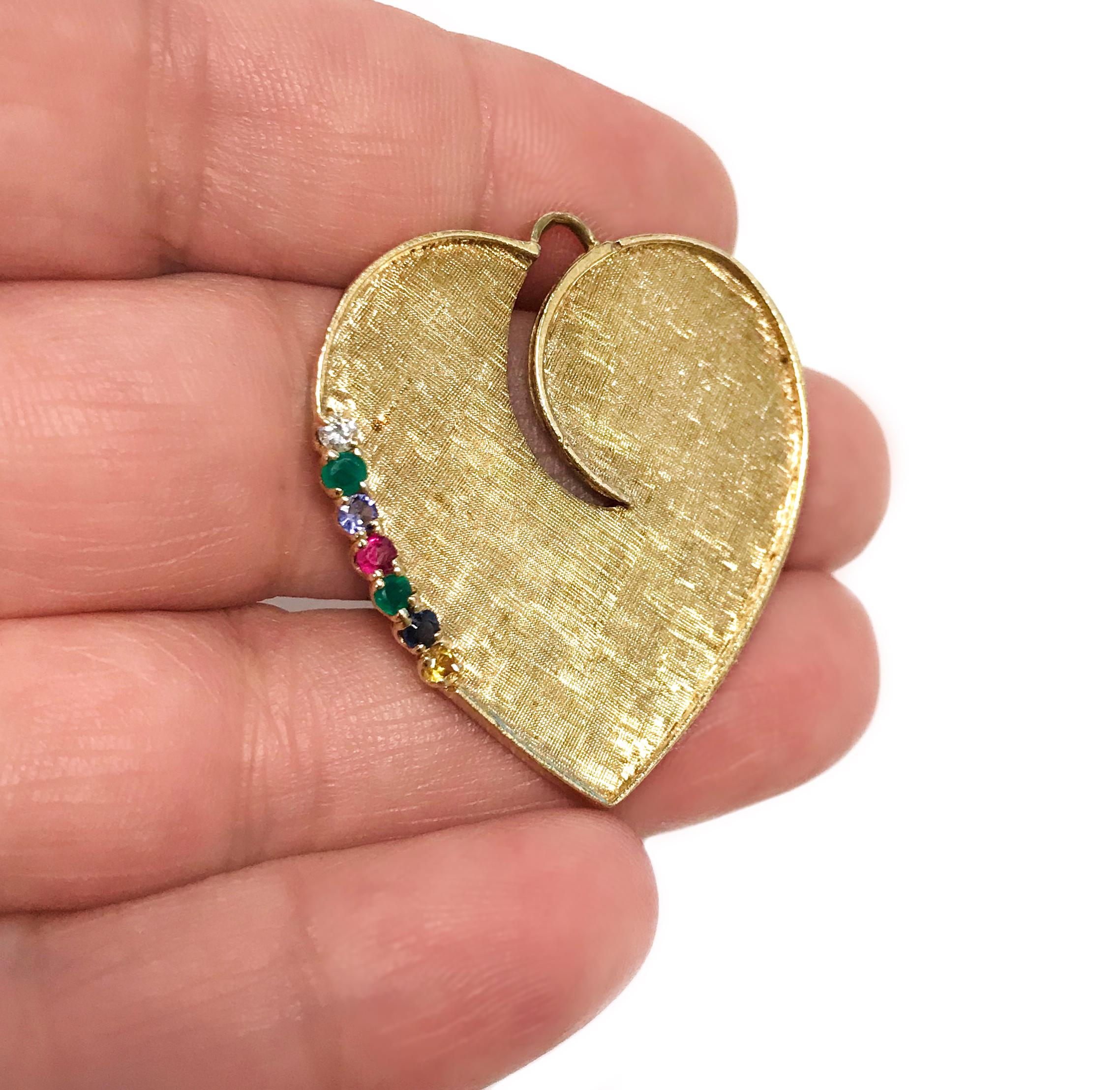Retro 14 Karat Heart-Shaped Multi-Stone Pendant For Sale