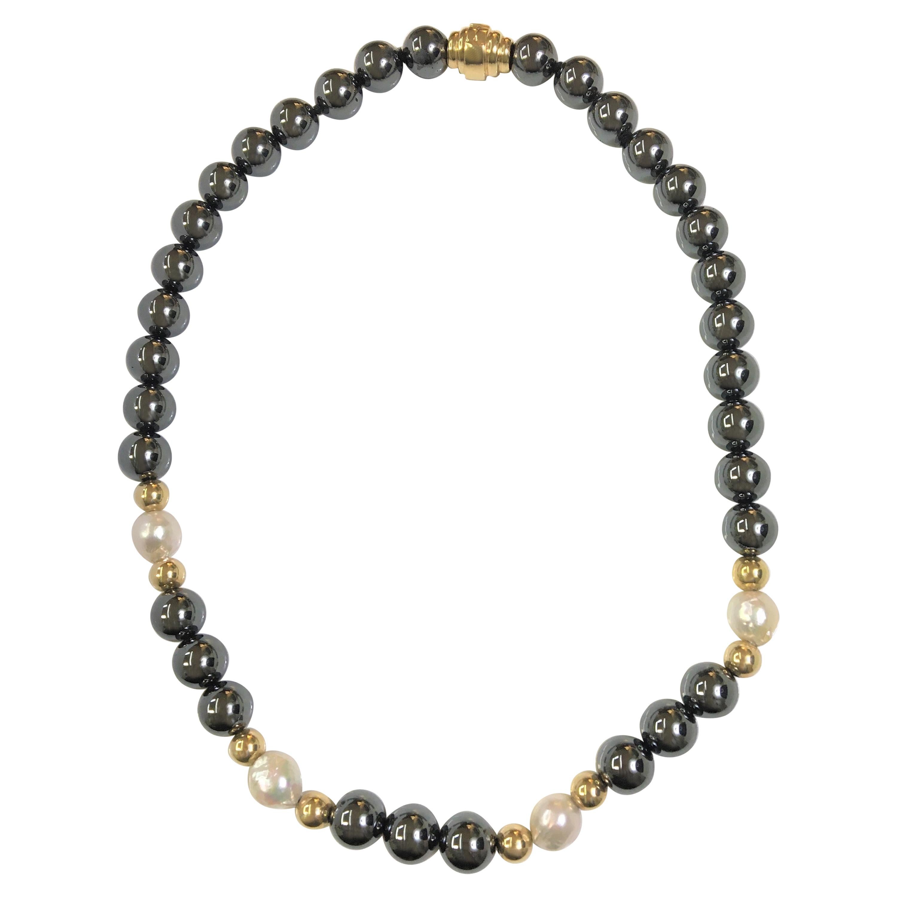 14 Karat Hematite Pearl Magnetic Clasp Necklace